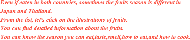 Even if eaten in both countries, sometimes the fruits season is different in
Japan and Thailand.
From the list, let's click on the illustrations of fruits.
You can find detailed information about the fruits.
You can know the season you can eat,taste,smell,how to eat,and how to cook.
